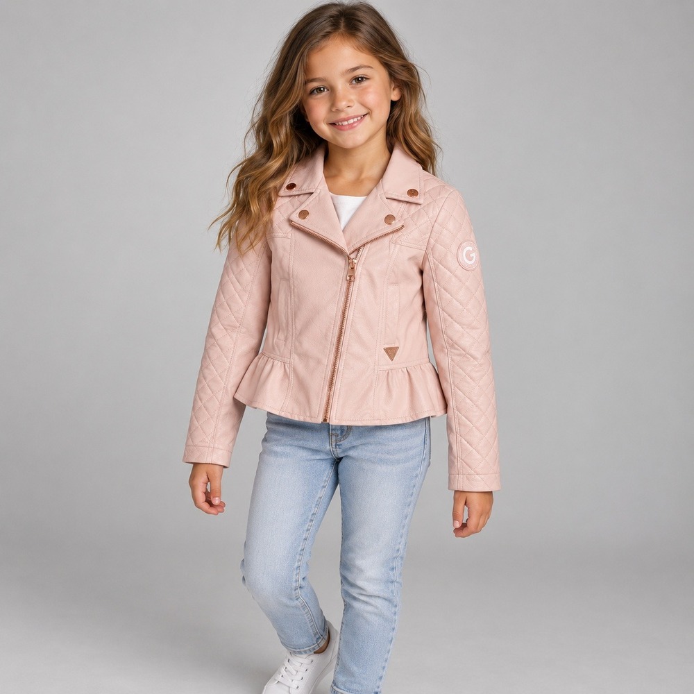 GUESS Girls S 7-8 Pink Faux Leather Quilted Moto Peplum Jacket